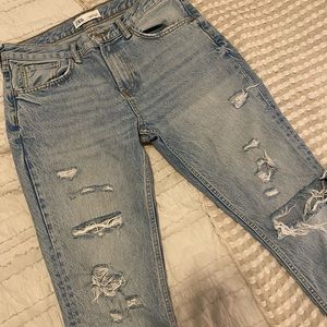 Zara Mid-Rise Straight Leg Distressed Jean